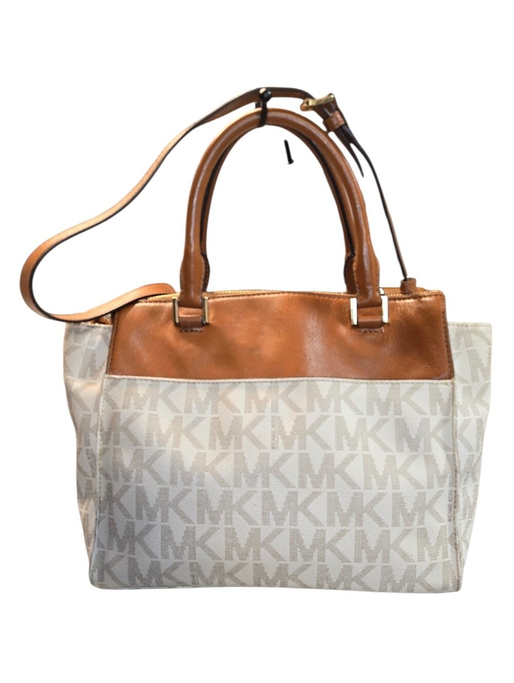Michael Kors Tan Leather and Cream MK Logo Satchel with Gold Accents - Picture 2 of 10